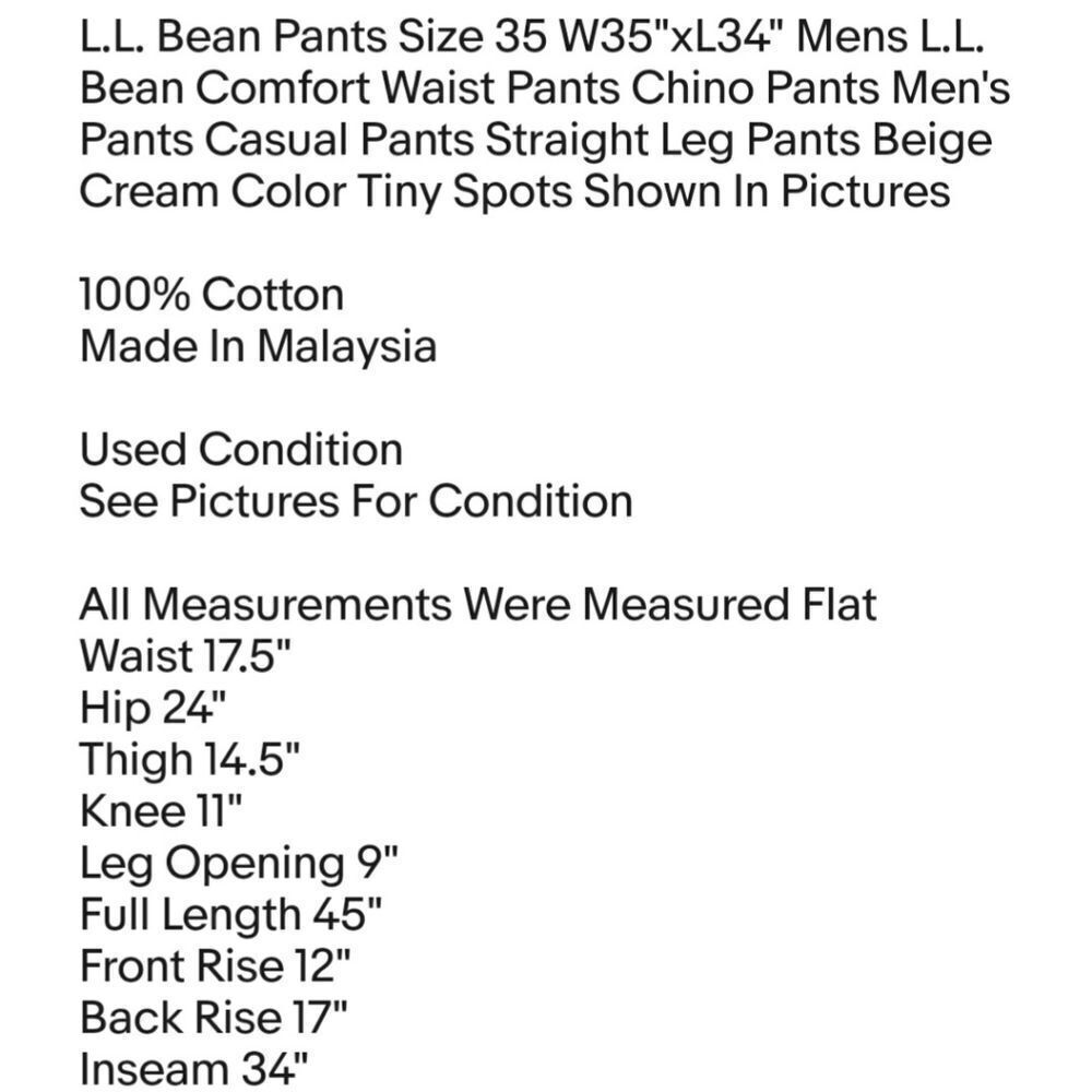 L.L. Bean Pants Size 35 W35"xL34" Mens L.L. Bean Comfort Waist Pants Chino Pants - Picture 2 of 8